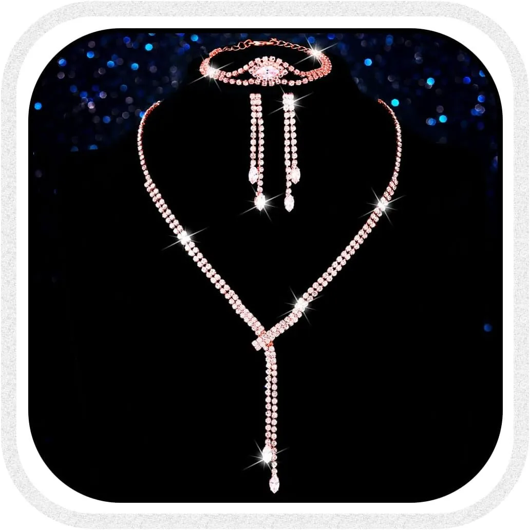 GORAIS Rhinestone Formal Wedding Jewelry Set Silver Prom Necklace Earrings Bracelet Set Bridal Costume Jewelry for Women Brides