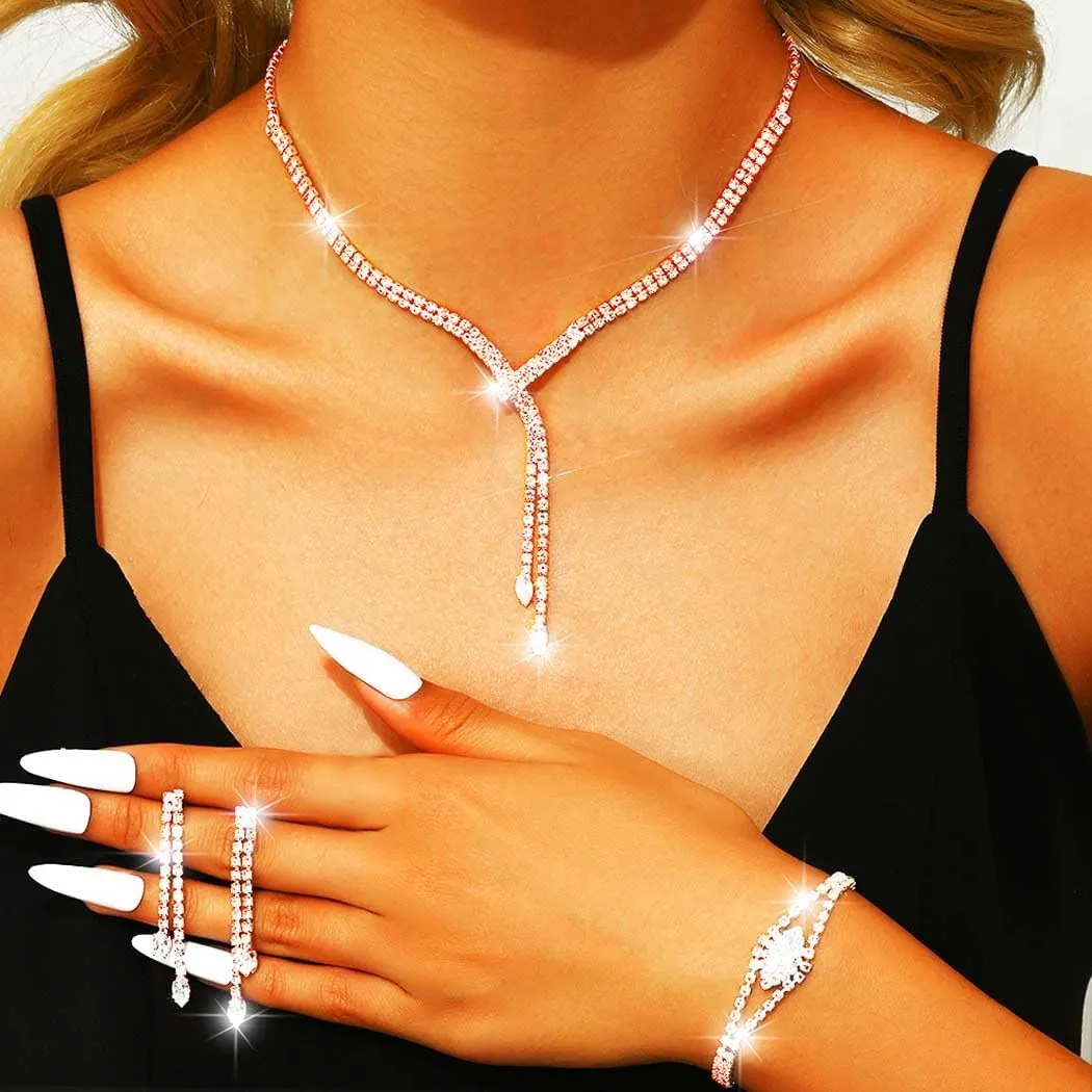 GORAIS Rhinestone Formal Wedding Jewelry Set Silver Prom Necklace Earrings Bracelet Set Bridal Costume Jewelry for Women Brides