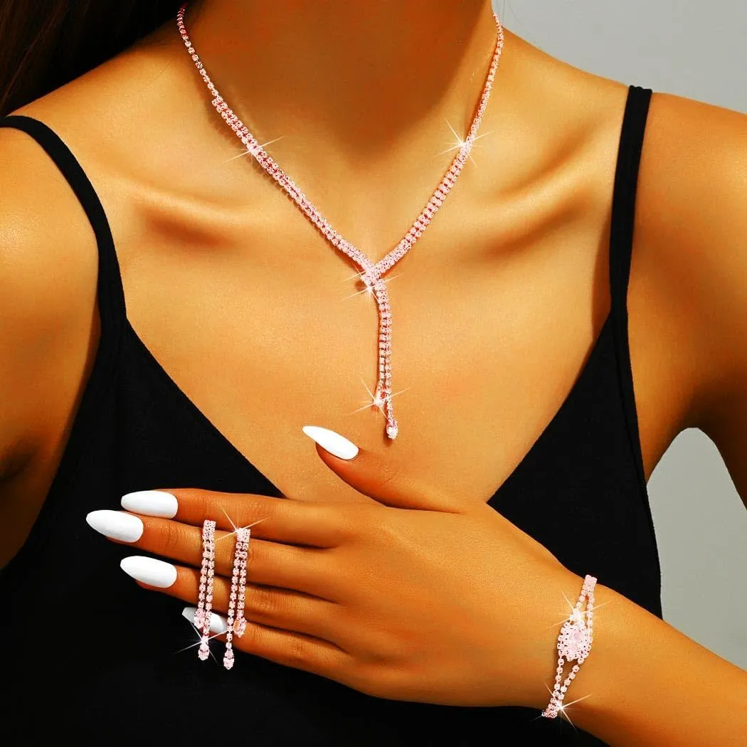 GORAIS Rhinestone Formal Wedding Jewelry Set Silver Prom Necklace Earrings Bracelet Set Bridal Costume Jewelry for Women Brides