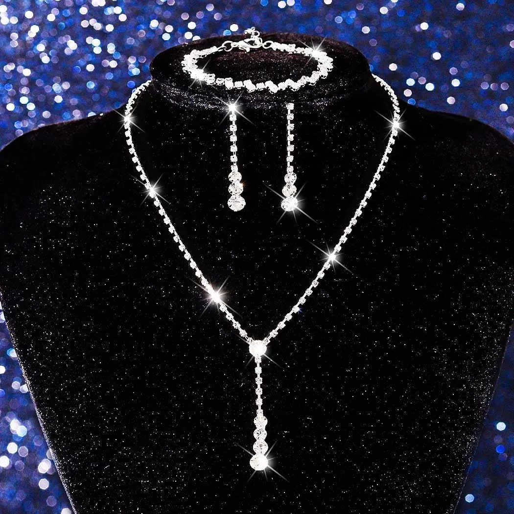 GORAIS Women Formal Jewelry Set Rhinestone Wedding Necklace Earrings Bracelet Sets Bridal Prom Costume Jewelry for Brides