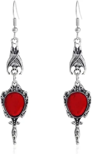 Gothic Vampire Bat Magic Mirror Drop Earrings Vintage Red Heart Bat Earrings Punk Style Hanging Rock Earrings Red Crystal Gem Swing Earrings Costume Decorative Jewelry for Women