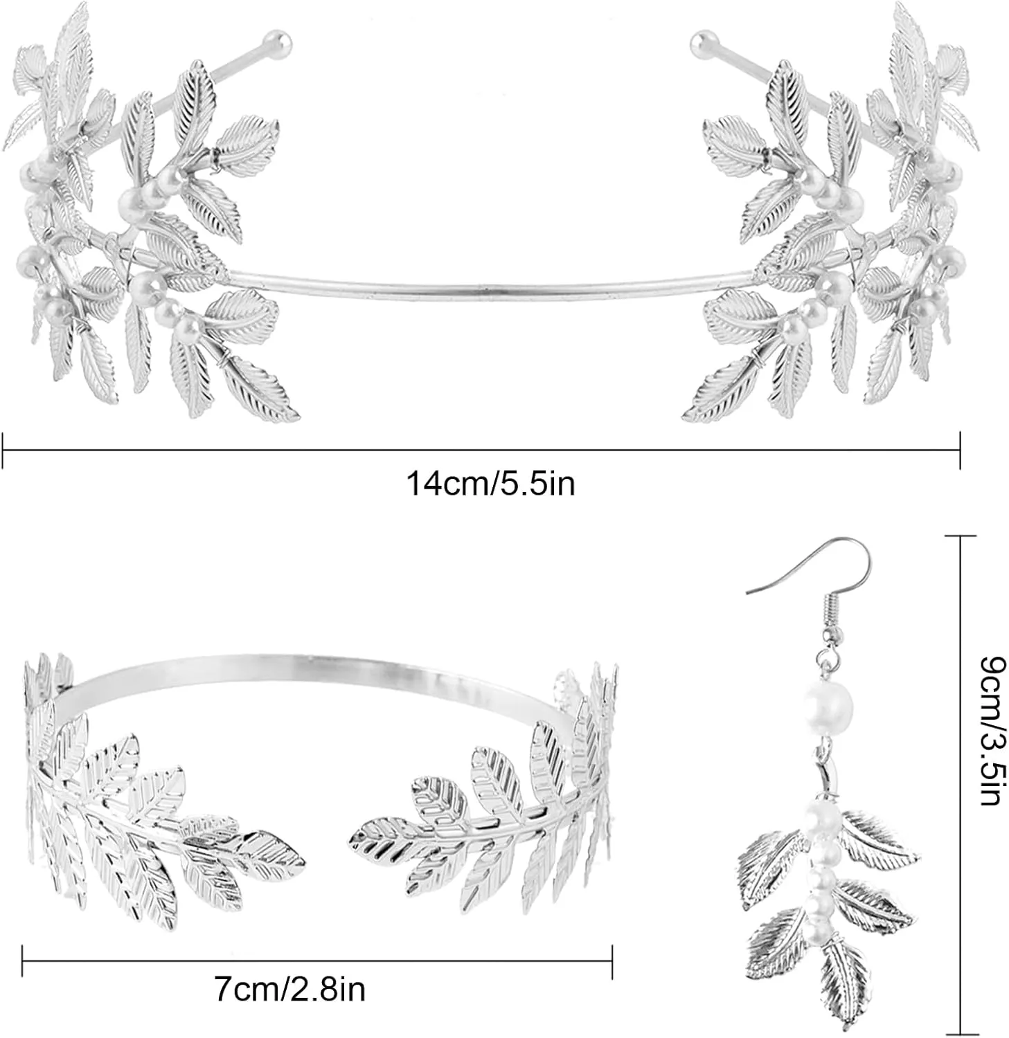 Greek Goddess Jewelry for Women Greek Leaf Headband Costume Accessories Set Gold Leaf Headpiece Crown Artificial Pearl Earrings for Halloween Wedding Party
