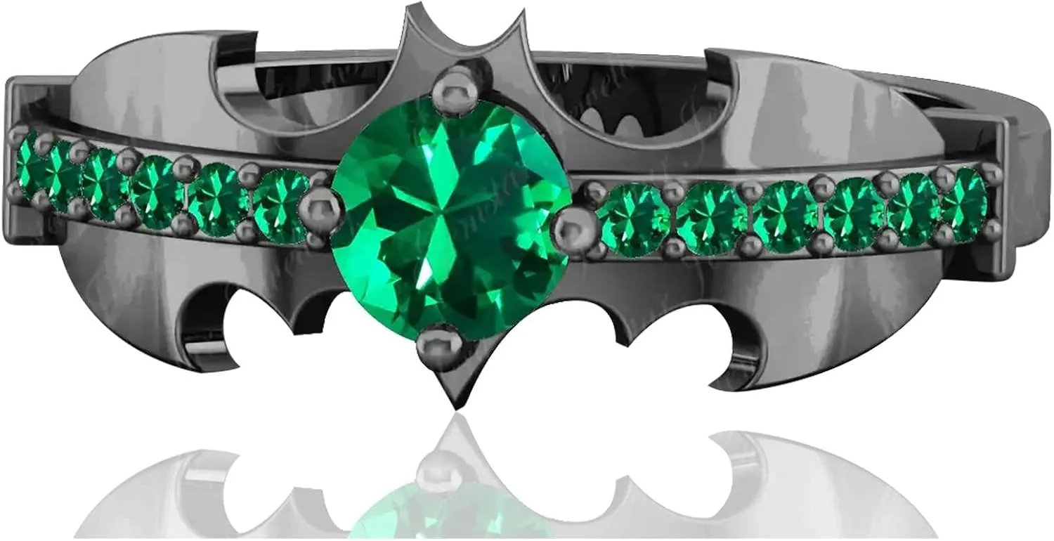 Green Emerald 925 Silver Women Superhero Engagement Dark Night Bat Ring In Black Gold Finish