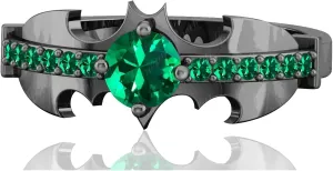 Green Emerald 925 Silver Women Superhero Engagement Dark Night Bat Ring In Black Gold Finish