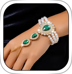 Green Rhinestone Ring Bracelet Pearl Crystal Finger Bracelets Vintage Hand Chain Slave Jewelry for Women Gift