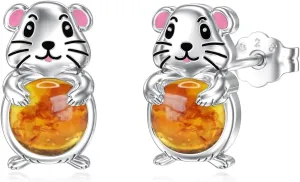 Hamster Earrings 925 Sterling Silver Amber Studs Earrings Cute Animal Earrings for Women