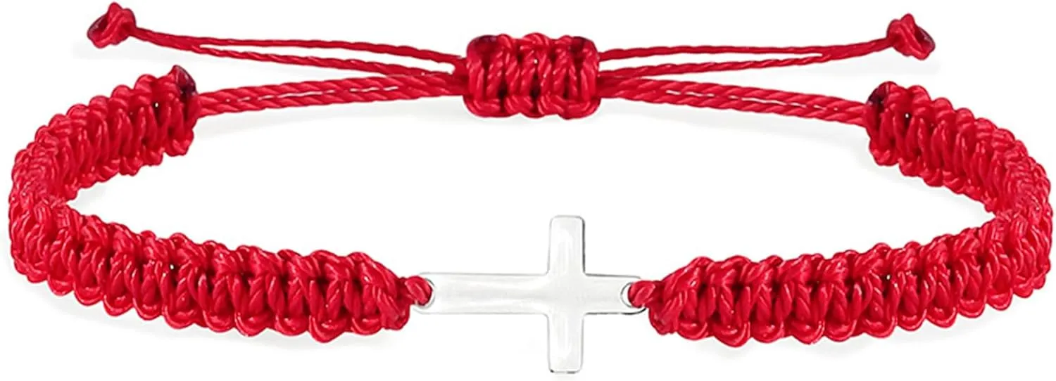 Handmade Cross Braided Protection Bracelet for Women Men Stainless Steel Charm Red Black String Rope Lucky Strand Bracelets for Christian Birthday Christmas Religious Jewelry Gifts