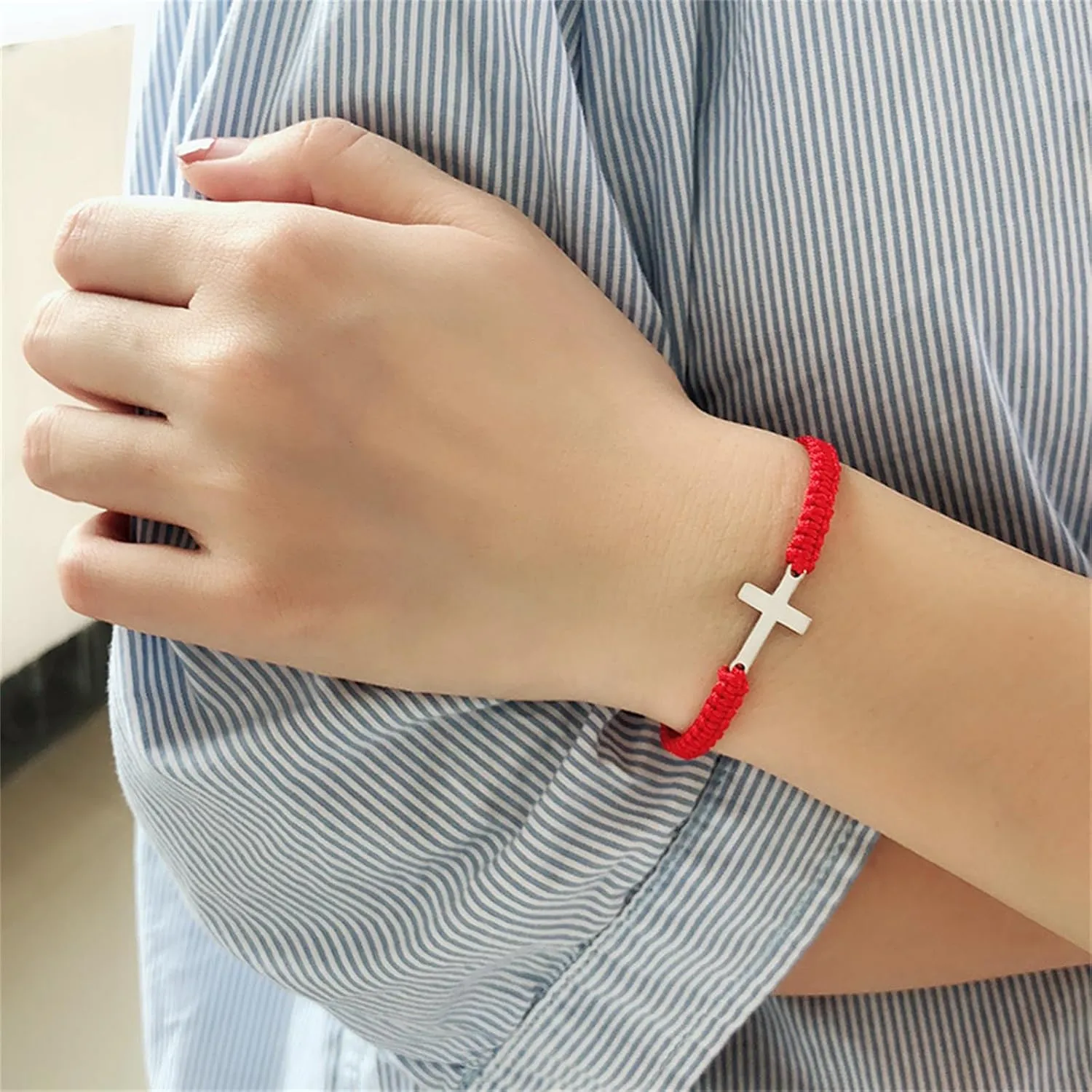 Handmade Cross Braided Protection Bracelet Stainless Steel Charm Red Black String Nylon Rope Lucky Adjustable Strand Bracelets for Women Men Unisex Christian Festival Party Religious Jewelry Gifts