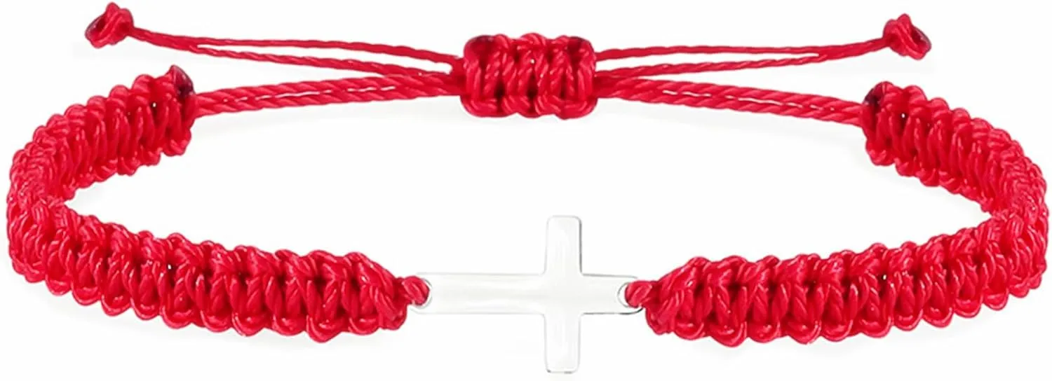 Handmade Cross Braided Protection Bracelet Stainless Steel Charm Red Black String Nylon Rope Lucky Adjustable Strand Bracelets for Women Men Unisex Christian Festival Party Religious Jewelry Gifts