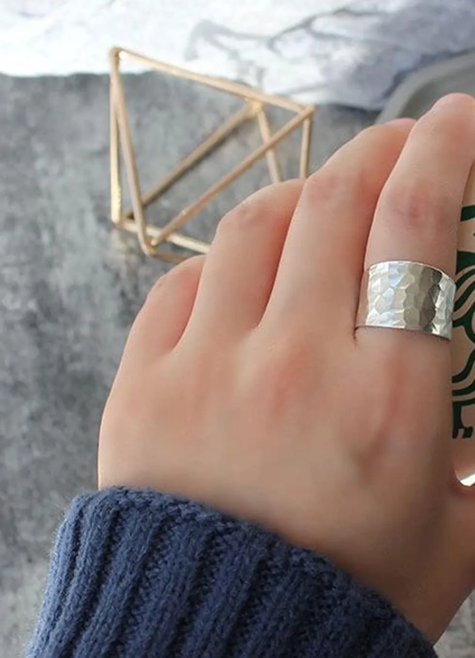 Handmade Hammered Wide Silver Ring for Women Boho Thumb Bnad Open Adjustable StatementRing Jewelry Gift