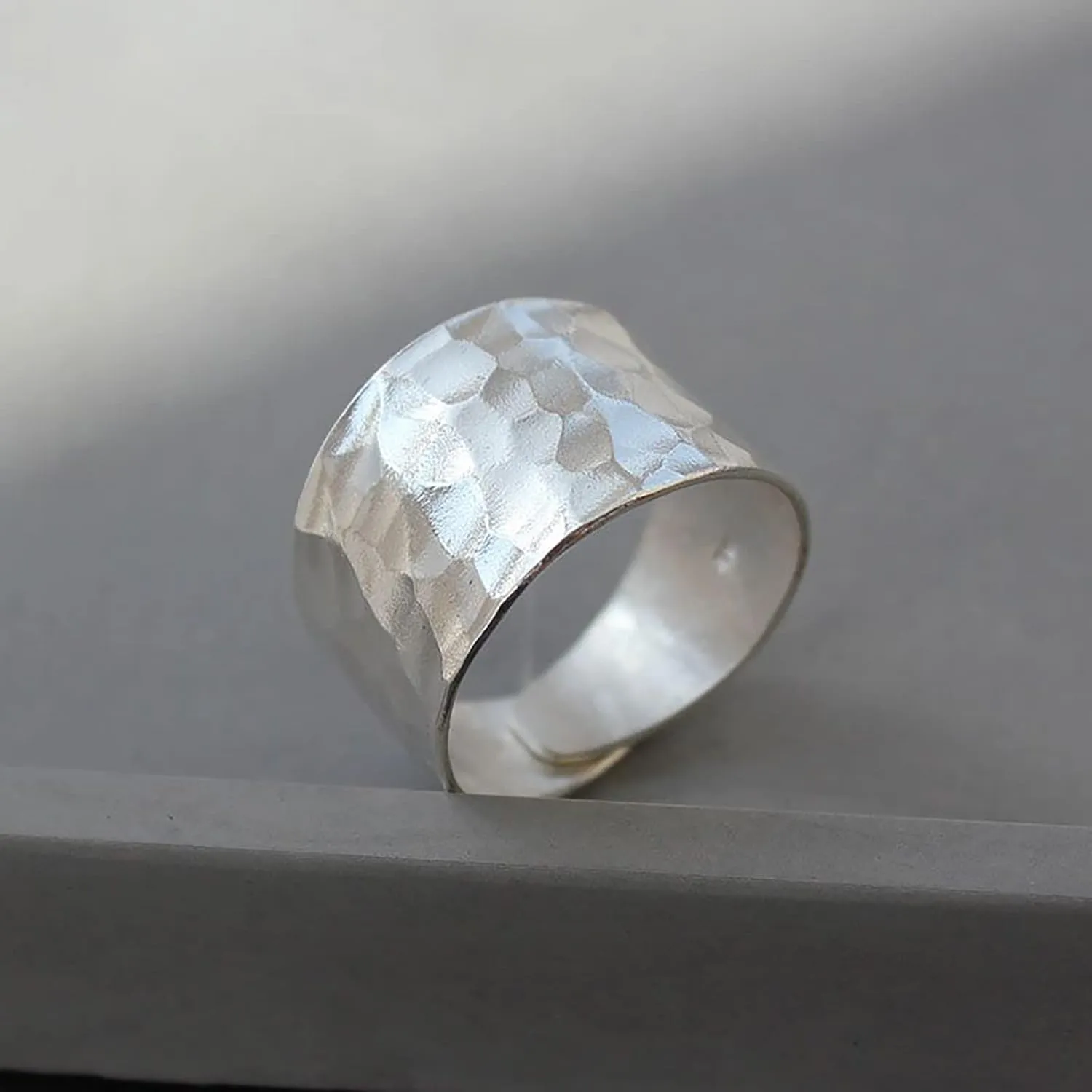 Handmade Hammered Wide Silver Ring for Women Boho Thumb Bnad Open Adjustable StatementRing Jewelry Gift