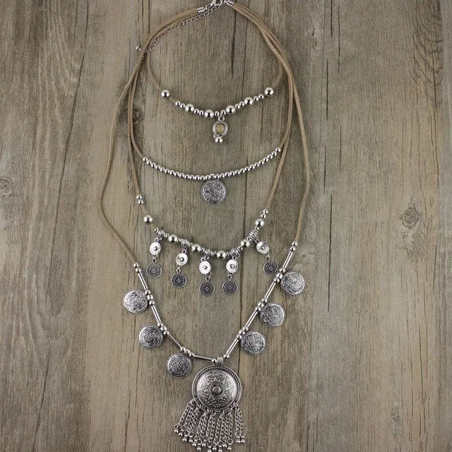 Handmade Indian Silver Coin Pendants Leather Necklace