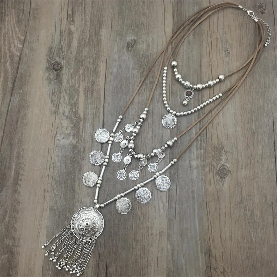 Handmade Indian Silver Coin Pendants Leather Necklace