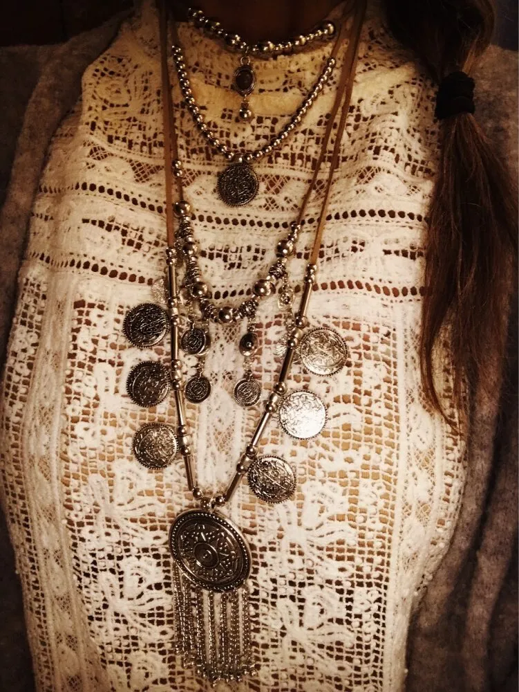 Handmade Indian Silver Coin Pendants Leather Necklace
