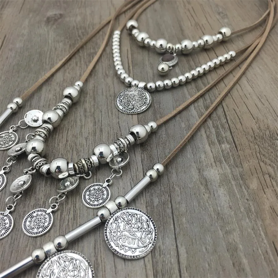 Handmade Indian Silver Coin Pendants Leather Necklace
