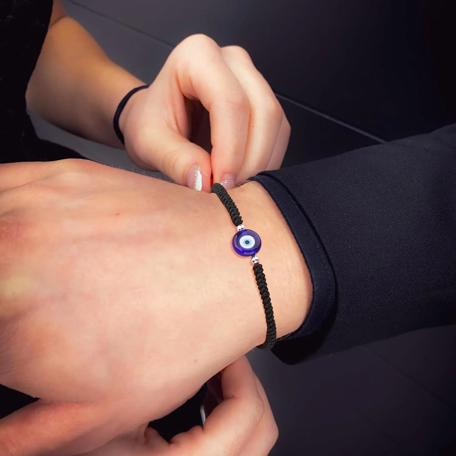 Handmade String Red evil eye bracelets blue evil eye jewelry bracelet for women men teens pack of 2 braclets mal de ojo bracelets ojo turco pulsera (2 Black with silver bead)