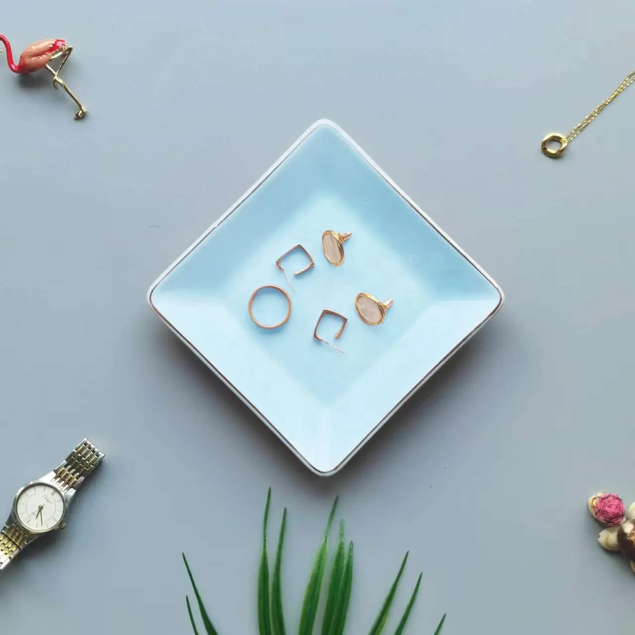 HANKOR Ceramic Jewelry Dish Tray, Decorative Trinket Tray Holder for Ring Earring Key, Gift for Women Girls, 4.7inch (Light Blue)