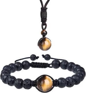 Healing Crystals Beaded Bracelets Pendant Necklace and Bracelet Set Natural Stone Lava Rock Beads Volcanic Stone Energy Crystal Protection Bracelets for Women Men Jewelry Birthday Gifts for Women and Girlfriend