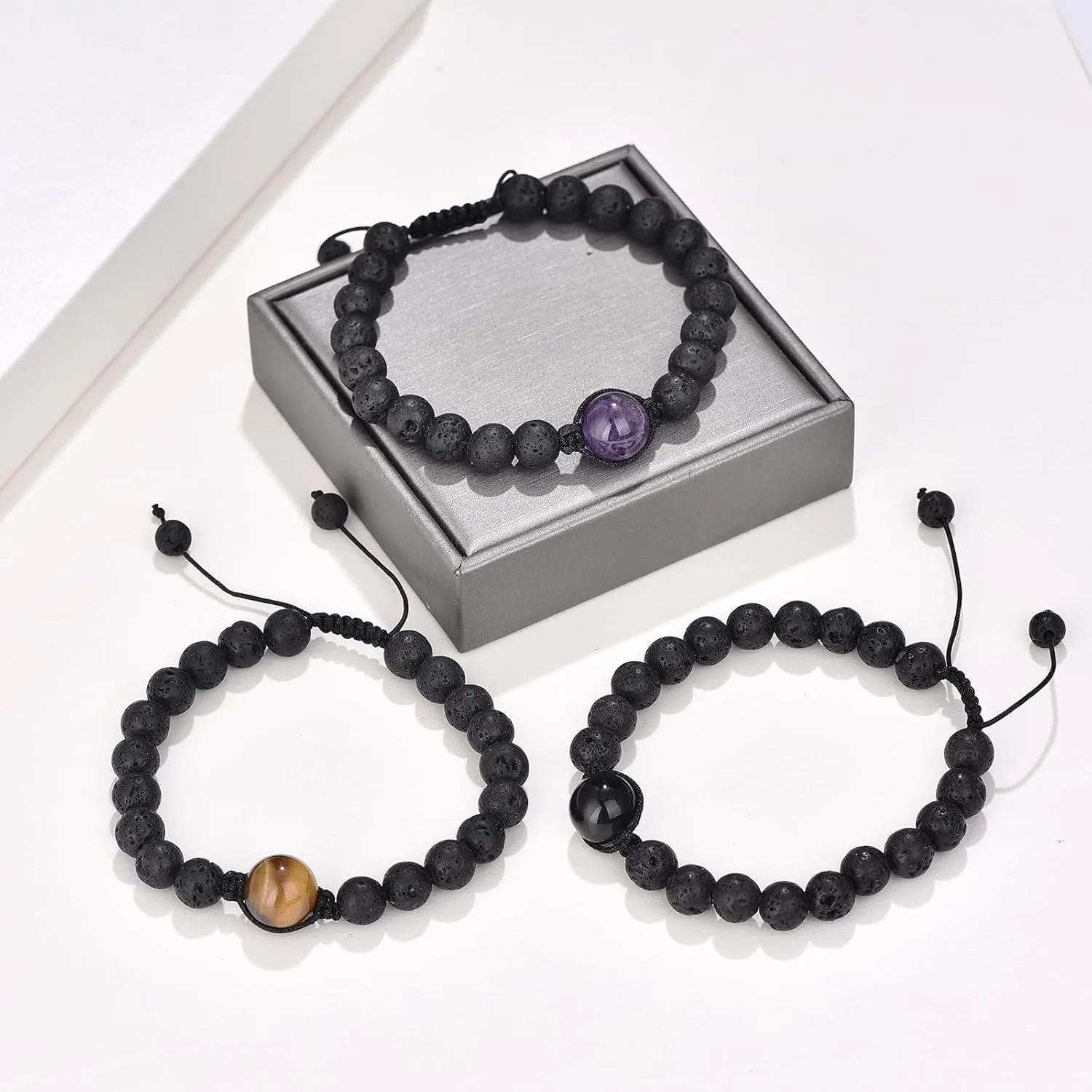 Healing Crystals Beaded Bracelets Pendant Necklace and Bracelet Set Natural Stone Lava Rock Beads Volcanic Stone Energy Crystal Protection Bracelets for Women Men Jewelry Birthday Gifts for Women and Girlfriend