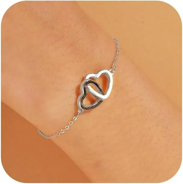 Heart Interlocking Bracelet for Women, 925 Sterling Silver Dainty Circle Heart Choker Chain to Daughter Mother 14K Gold Plated Intertwine Friendship Bracelet Jewelry Graduation Gift