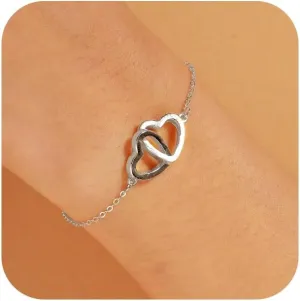 Heart Interlocking Bracelet for Women, 925 Sterling Silver Dainty Circle Heart Choker Chain to Daughter Mother 14K Gold Plated Intertwine Friendship Bracelet Jewelry Graduation Gift