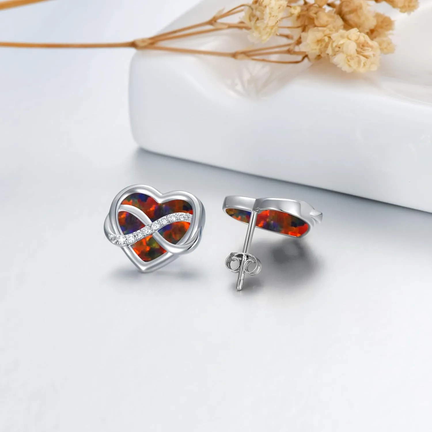 Heart Shape Opal Stud Earrings for Women, 925 Sterling Silver Minimalist Opal Stud Fashion Earrings Small Heart Opal Stud Earrings for Women Mother