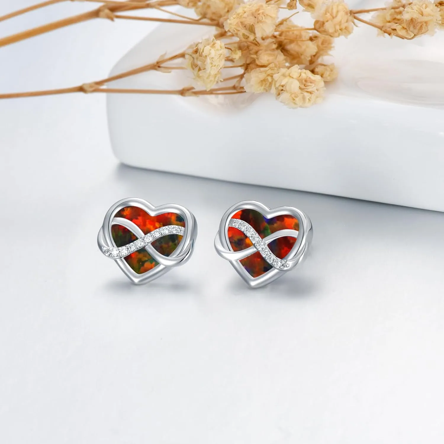 Heart Shape Opal Stud Earrings for Women, 925 Sterling Silver Minimalist Opal Stud Fashion Earrings Small Heart Opal Stud Earrings for Women Mother