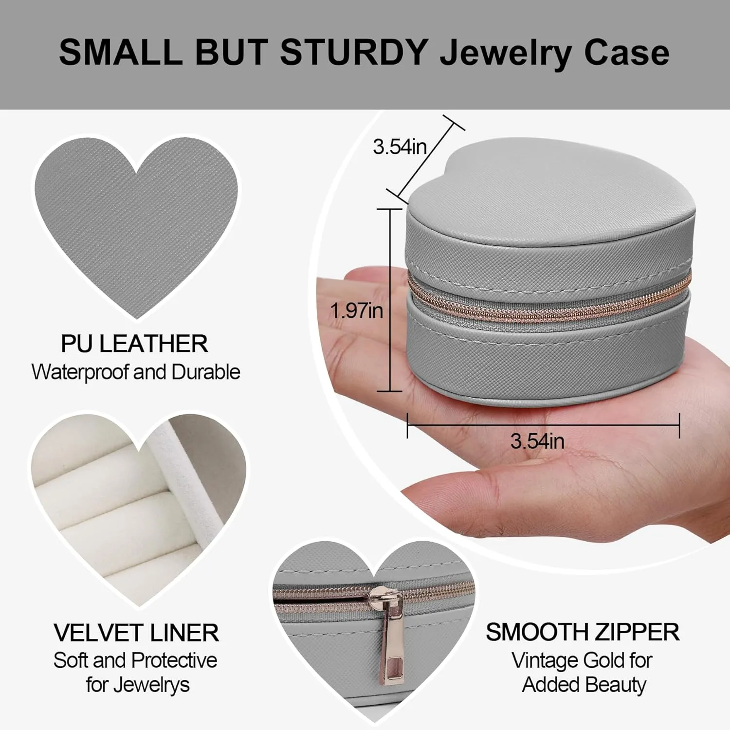 Heart-Shaped Small Jewelry Box Travel Jewelry Case Girls Mini Box for Rings Earrings Necklaces Organizing Portable PU Leather Jewerly Organizer for Women, Grey
