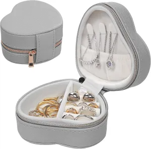 Heart-Shaped Small Jewelry Box Travel Jewelry Case Girls Mini Box for Rings Earrings Necklaces Organizing Portable PU Leather Jewerly Organizer for Women, Grey