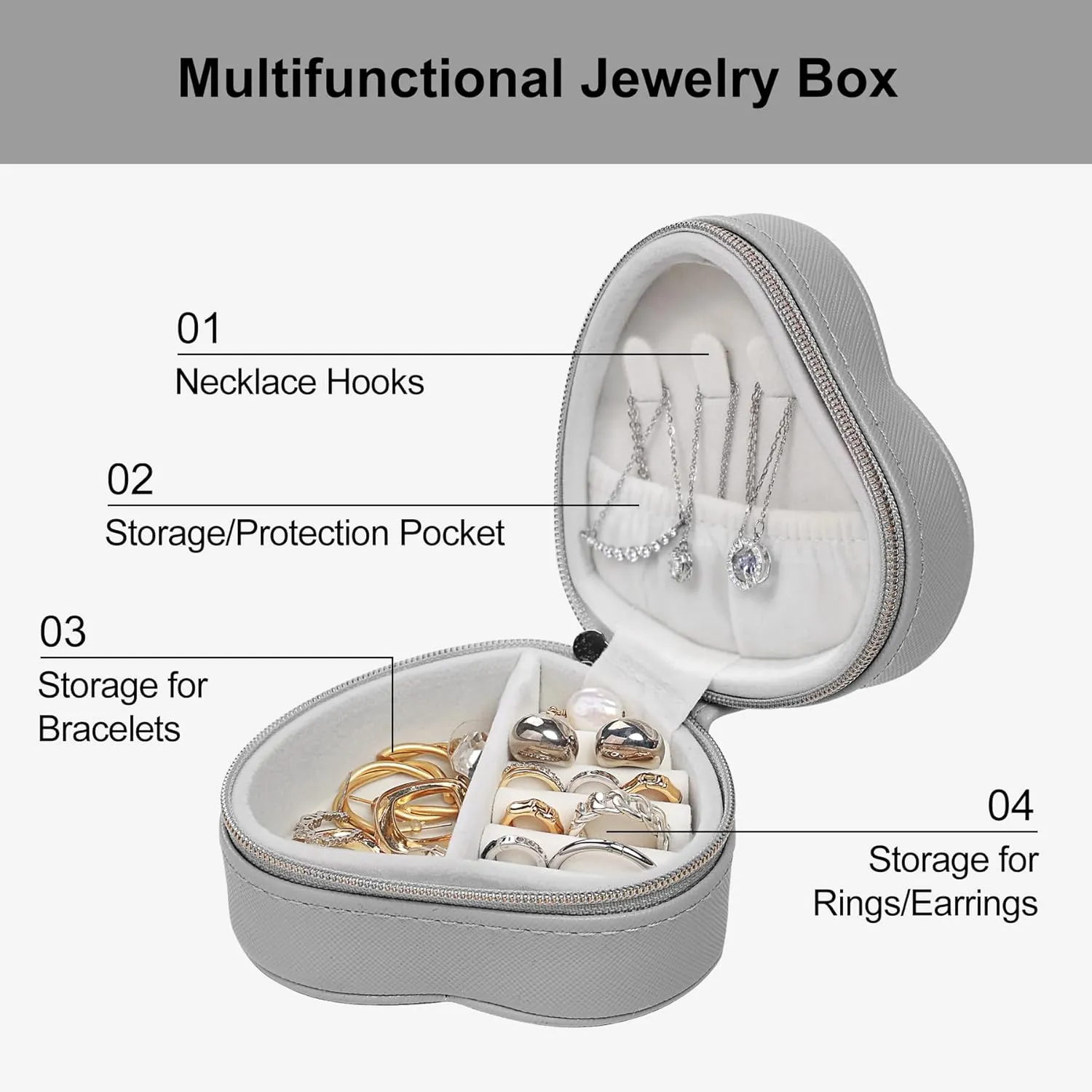 Heart-Shaped Small Jewelry Box Travel Jewelry Case Girls Mini Box for Rings Earrings Necklaces Organizing Portable PU Leather Jewerly Organizer for Women, Grey