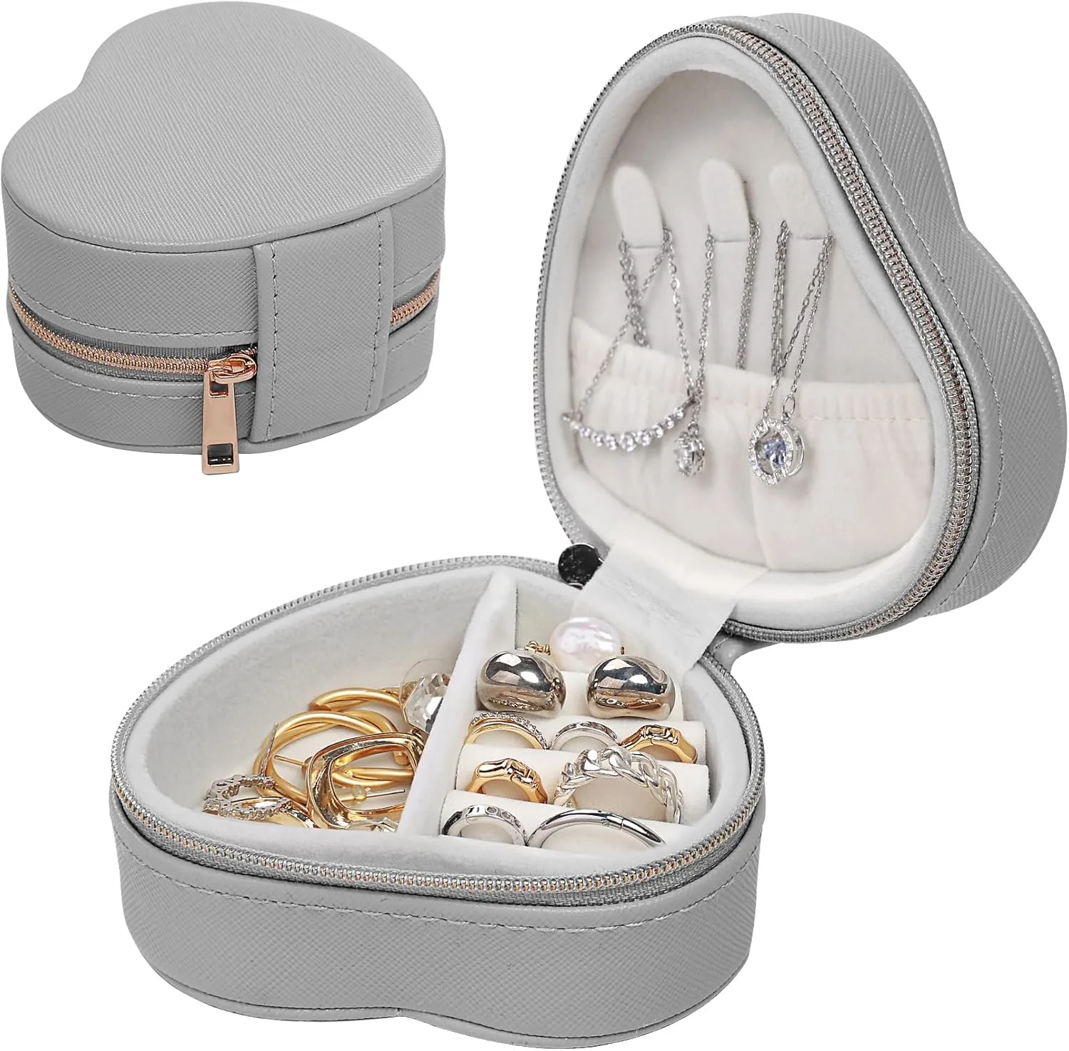 Heart-Shaped Small Jewelry Box Travel Jewelry Case Girls Mini Box for Rings Earrings Necklaces Organizing Portable PU Leather Jewerly Organizer for Women, Grey
