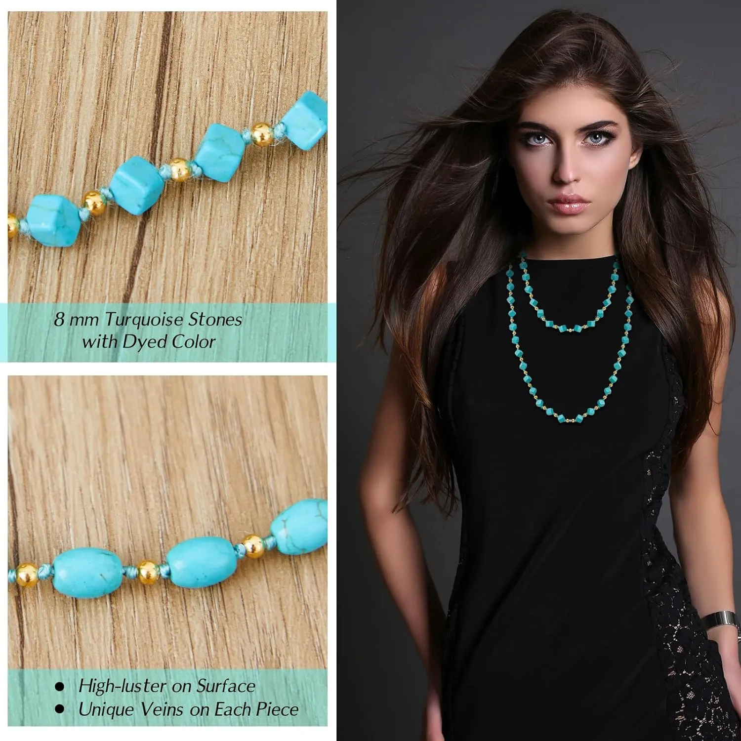 Henoyso 2 Pcs Turquoise Beads Necklace 47.5 Inch Long Endless Necklace Multi Strand Layer Knotted Homemade Jewelry