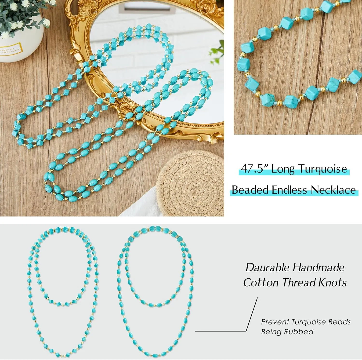 Henoyso 2 Pcs Turquoise Beads Necklace 47.5 Inch Long Endless Necklace Multi Strand Layer Knotted Homemade Jewelry