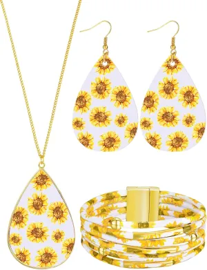 Hicarer 3 Pieces Sunflower Print Jewelry Set Sunflower Multi-Layer Bracelets Faux Leather Dangle Earrings Necklace for Women
