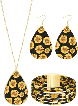 Hicarer 3 Pieces Sunflower Print Jewelry Set Sunflower Multi-Layer Bracelets Faux Leather Dangle Earrings Necklace for Women