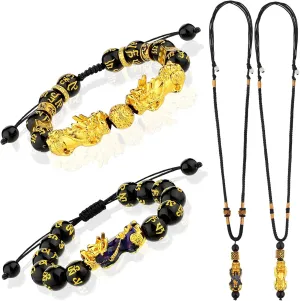 Hicarer 4 Pieces Feng Shui Bracelet Necklace Set for Women Men, Wealth Bracelet Adjustable Good Luck Necklace Pi Xiu Pi Yao Bead Friendship Charm Jewelry