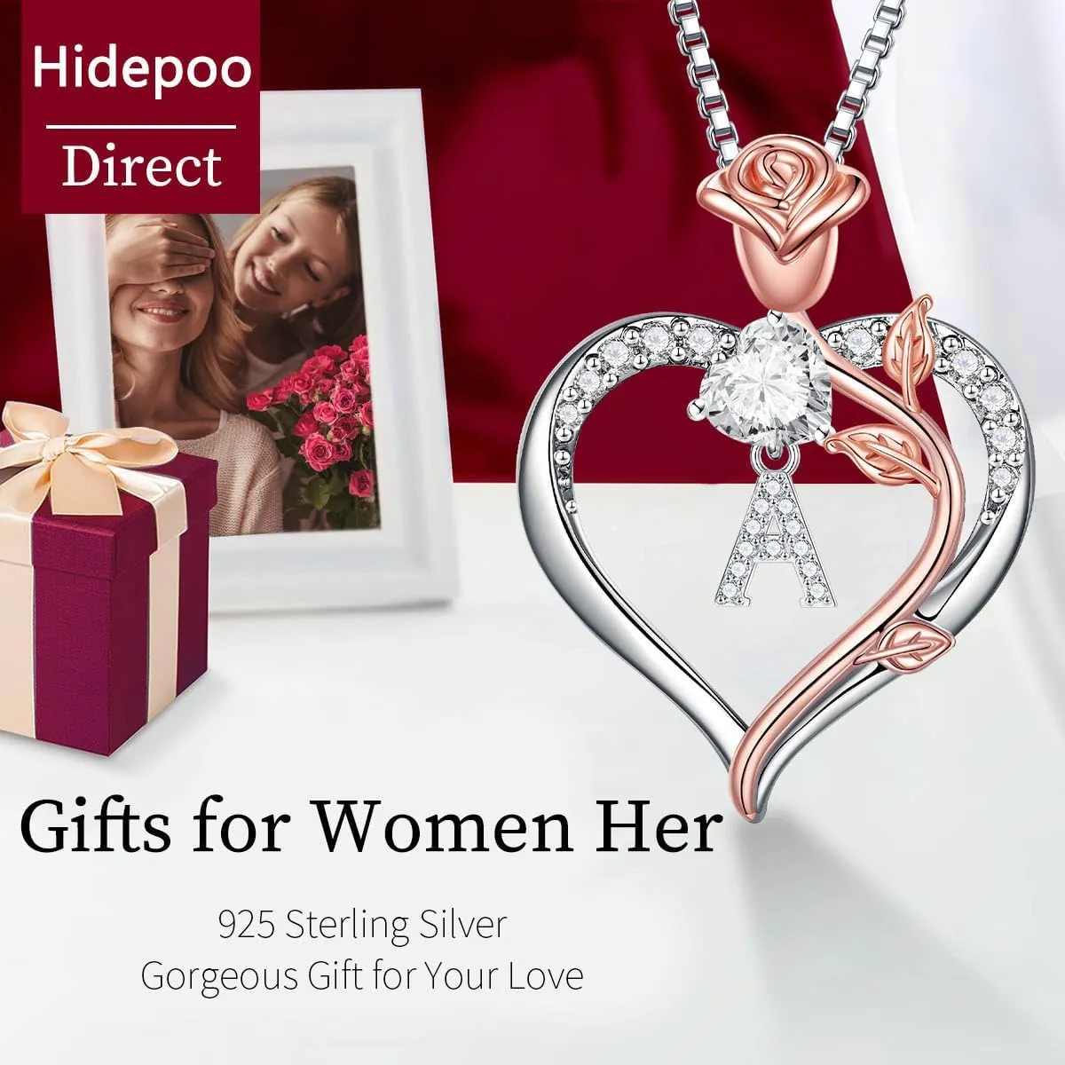 Hidepoo Gifts for Women - S925 Sterling Silver Rose Love Heart Initial Letter Pendant Necklace Jewelry Mothers Day Valentines Anniversary Birthday Gifts for Her Mom Wife Girlfriend