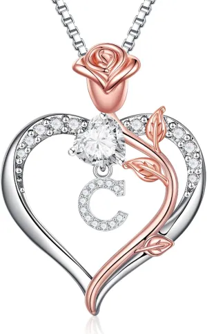 Hidepoo Gifts for Women - S925 Sterling Silver Rose Love Heart Initial Letter Pendant Necklace Jewelry Mothers Day Valentines Anniversary Birthday Gifts for Her Mom Wife Girlfriend