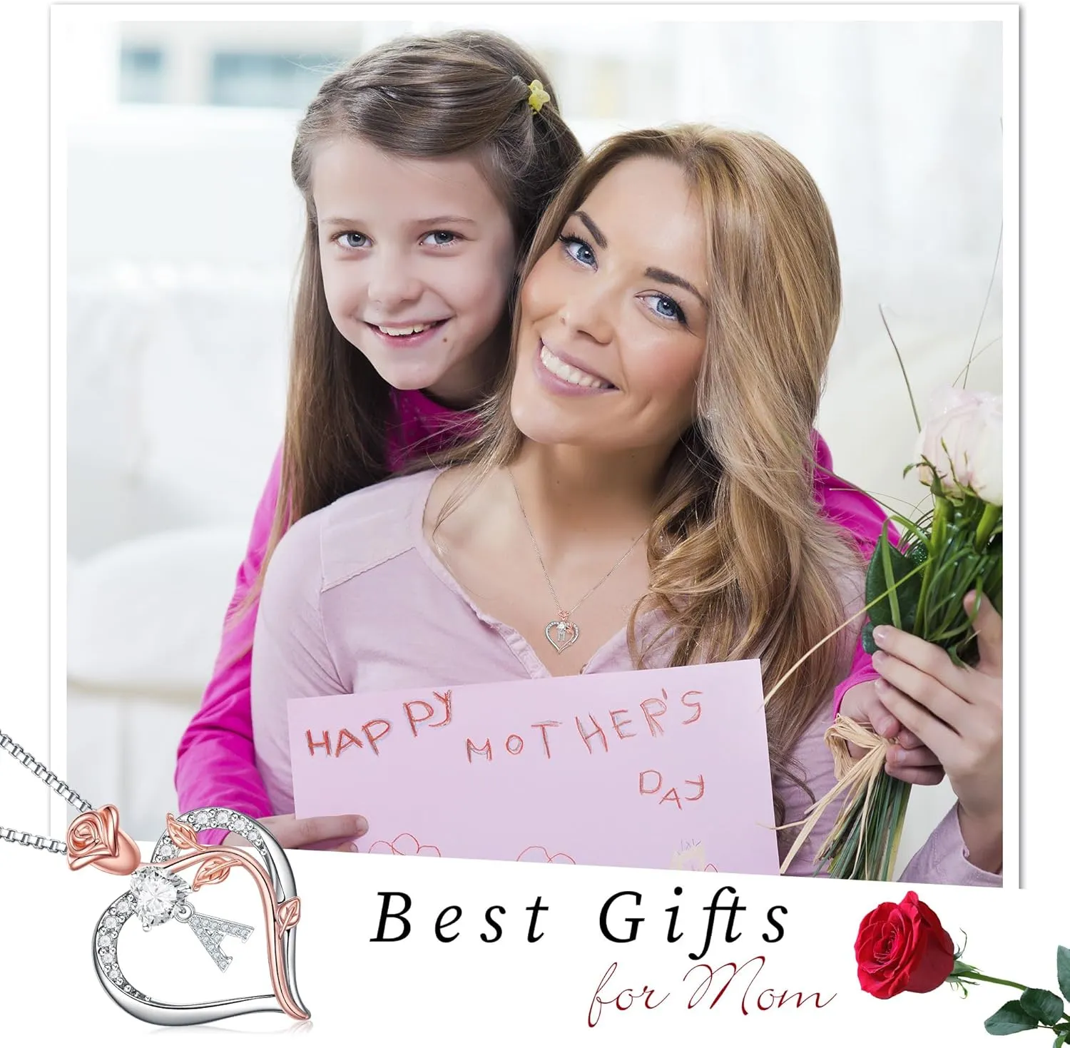 Hidepoo Gifts for Women - S925 Sterling Silver Rose Love Heart Initial Letter Pendant Necklace Jewelry Mothers Day Valentines Anniversary Birthday Gifts for Her Mom Wife Girlfriend