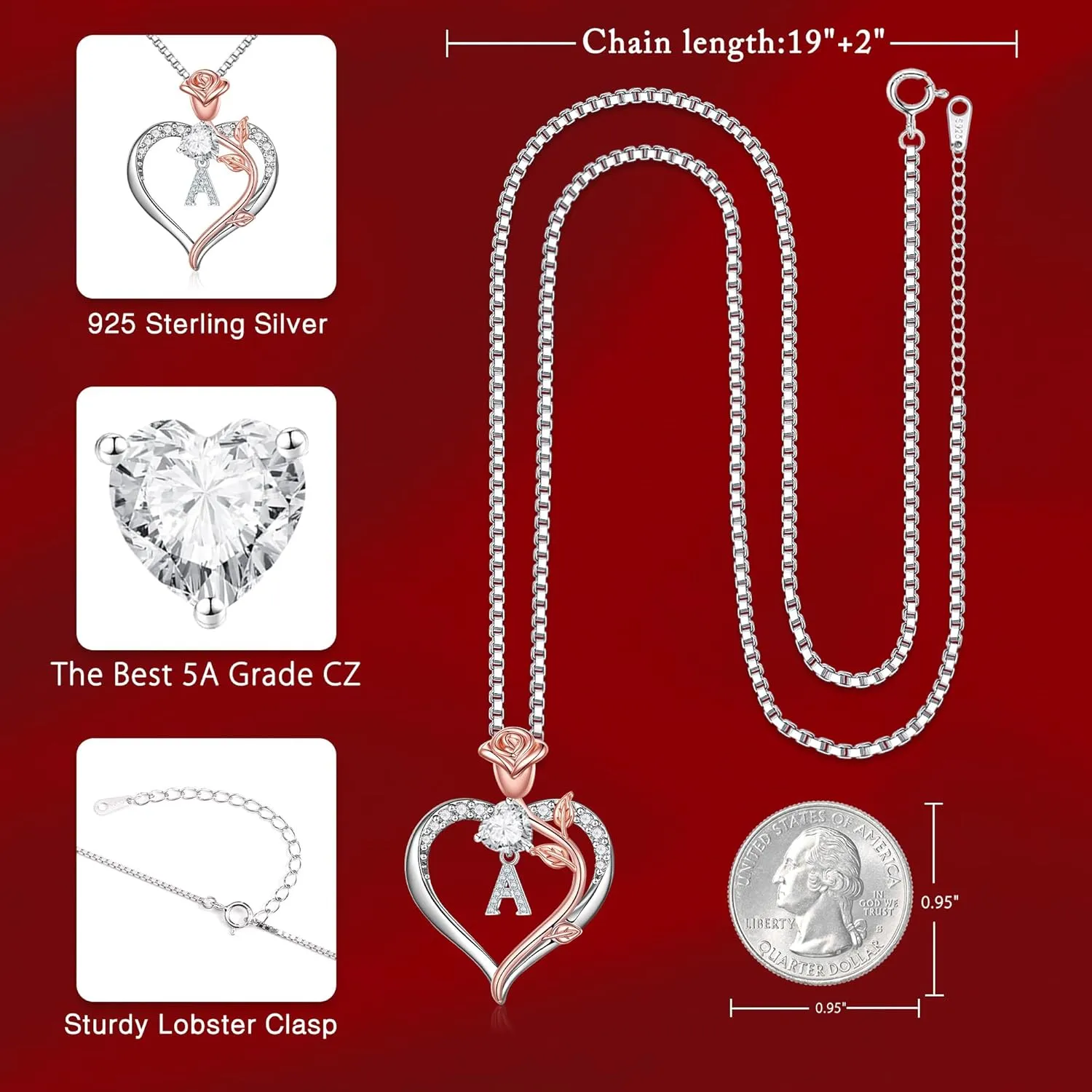Hidepoo Gifts for Women - S925 Sterling Silver Rose Love Heart Initial Letter Pendant Necklace Jewelry Mothers Day Valentines Anniversary Birthday Gifts for Her Mom Wife Girlfriend