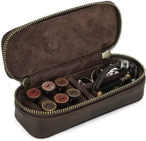 Hiram Genuine Leather Jewelry Box Case, Crazy Horse Cowhide Leather Travel Case with Double Metal Zippers for Rings, Cufflinks and More