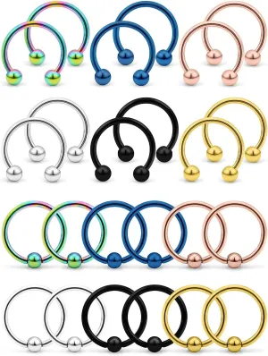 Hoeudjo 24PCS 14G 16G 20G Surgical Steel Horseshoe Captive Bead Nose Septum Hoop Rings Eyebrow Lip Ear Tragus Cartilage Nipple Piercing Jewelry for Women Men 8mm 10mm 12mm 14mm 16mm