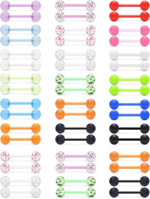 Hoeudjo Flexible Tongue Rings Acrylic Glow in The Dark Nipple Rings Barbells Retainer Piercing Jewelry for Women Men 24 Pairs 14G