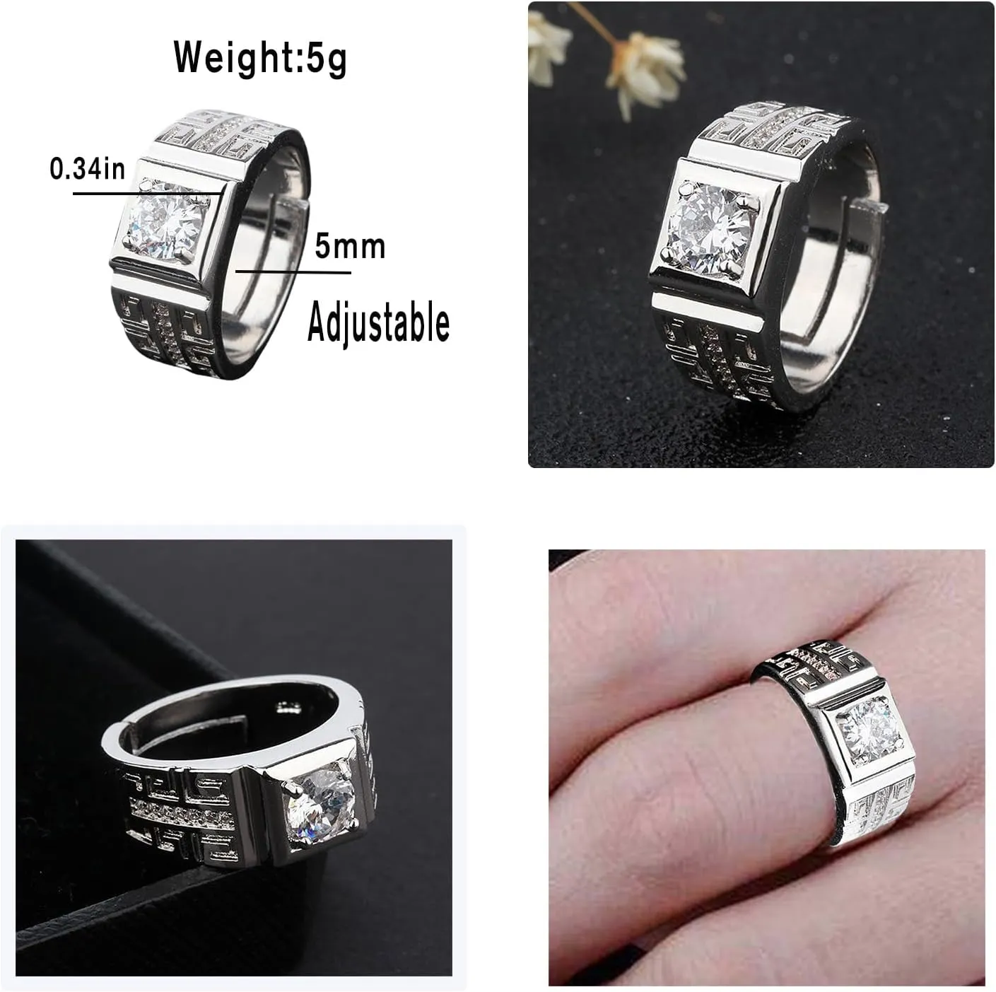 HSQYJ Adjustable White Gold Plated Rectangle Cubic Zirconia Gemstone Cocktail Rings Luxury Crystal Zircon Personalized Statement Party Ring for Men Fashion Jewelry Gifts