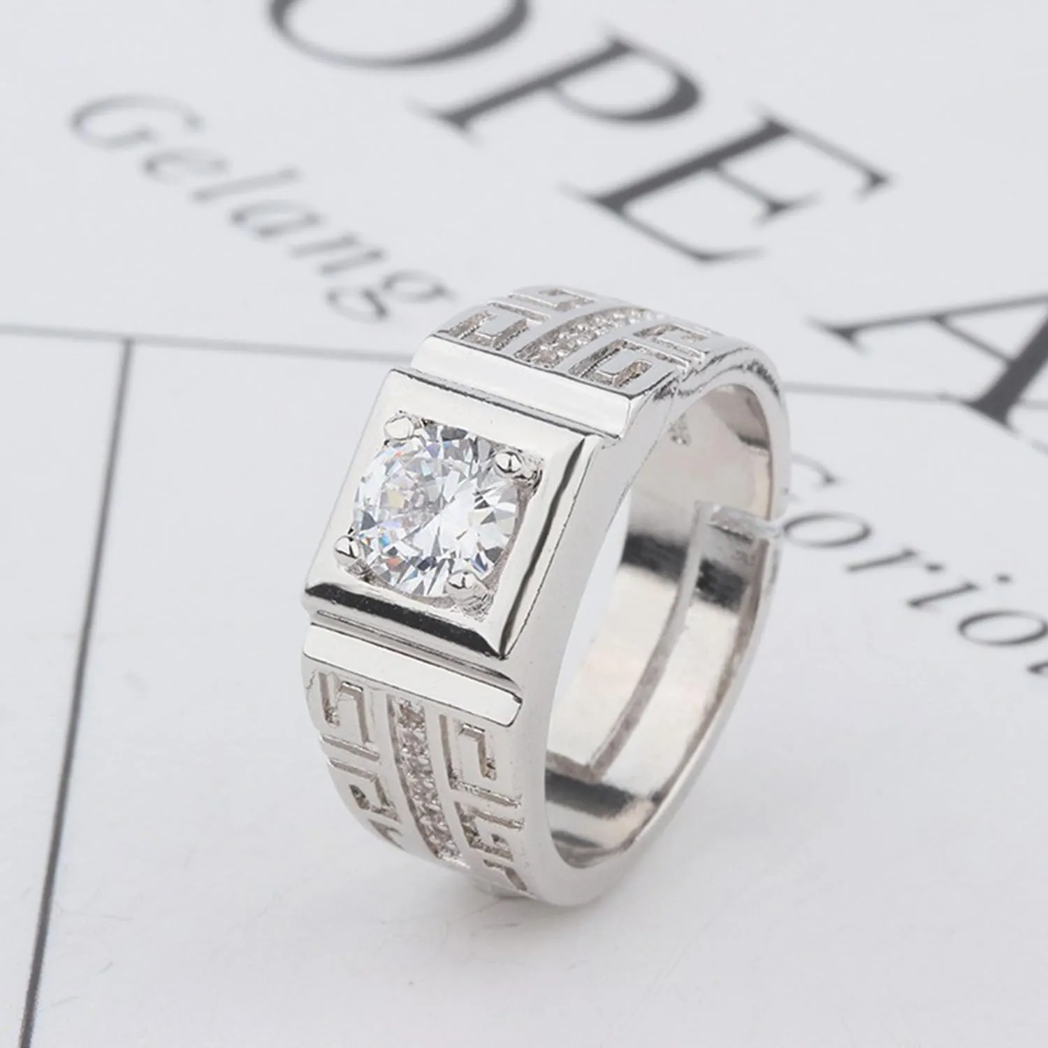 HSQYJ Adjustable White Gold Plated Rectangle Cubic Zirconia Gemstone Cocktail Rings Luxury Crystal Zircon Personalized Statement Party Ring for Men Fashion Jewelry Gifts