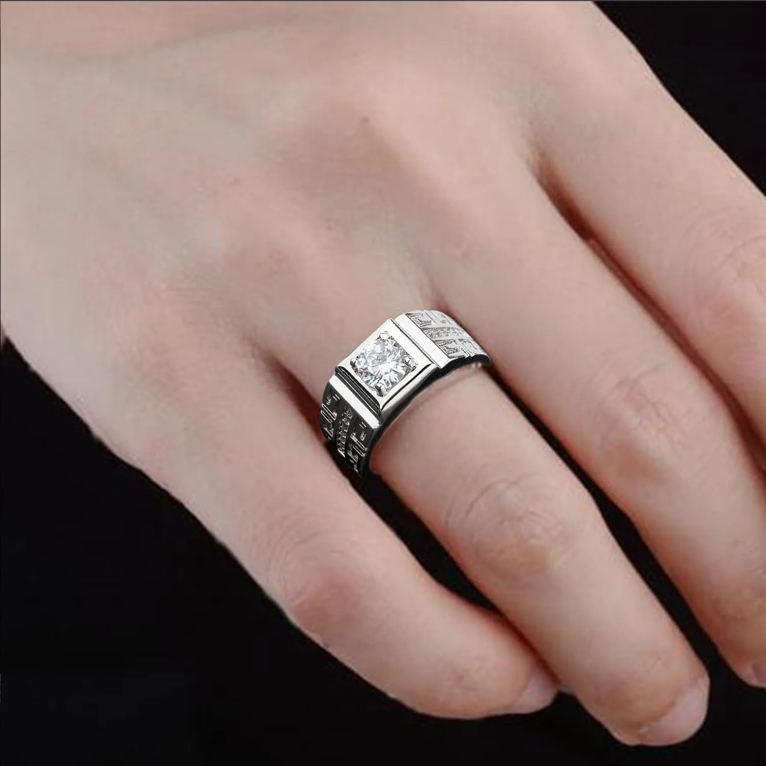 HSQYJ Adjustable White Gold Plated Rectangle Cubic Zirconia Gemstone Cocktail Rings Luxury Crystal Zircon Personalized Statement Party Ring for Men Fashion Jewelry Gifts