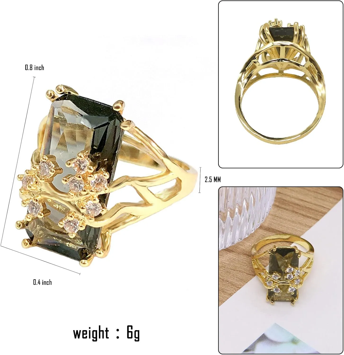 HSQYJ Luxury Champagne Crystal Rectangle Wedding Ring Flower Zirconia Cocktail Exaggeration Engagement Charm Statement Jewelry Finger Rings for Women Gift Gold Plated