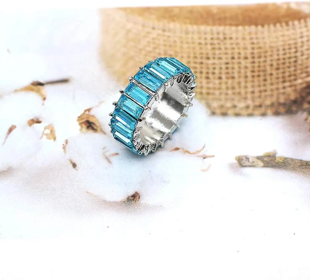 HSQYJ Rainbow Baguette Band Ring Eternity Band Cubic Zirconia Ring Gold Plated Fashion Luxury Jewelry Crystal Cocktail Rings for Women Gift