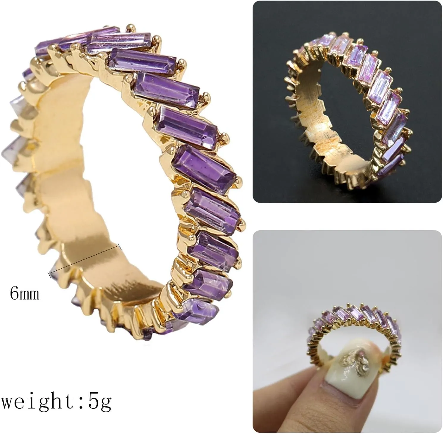 HSQYJ Rainbow Baguette Band Ring Eternity Band Cubic Zirconia Ring Gold Plated Fashion Luxury Jewelry Crystal Cocktail Rings for Women Gift