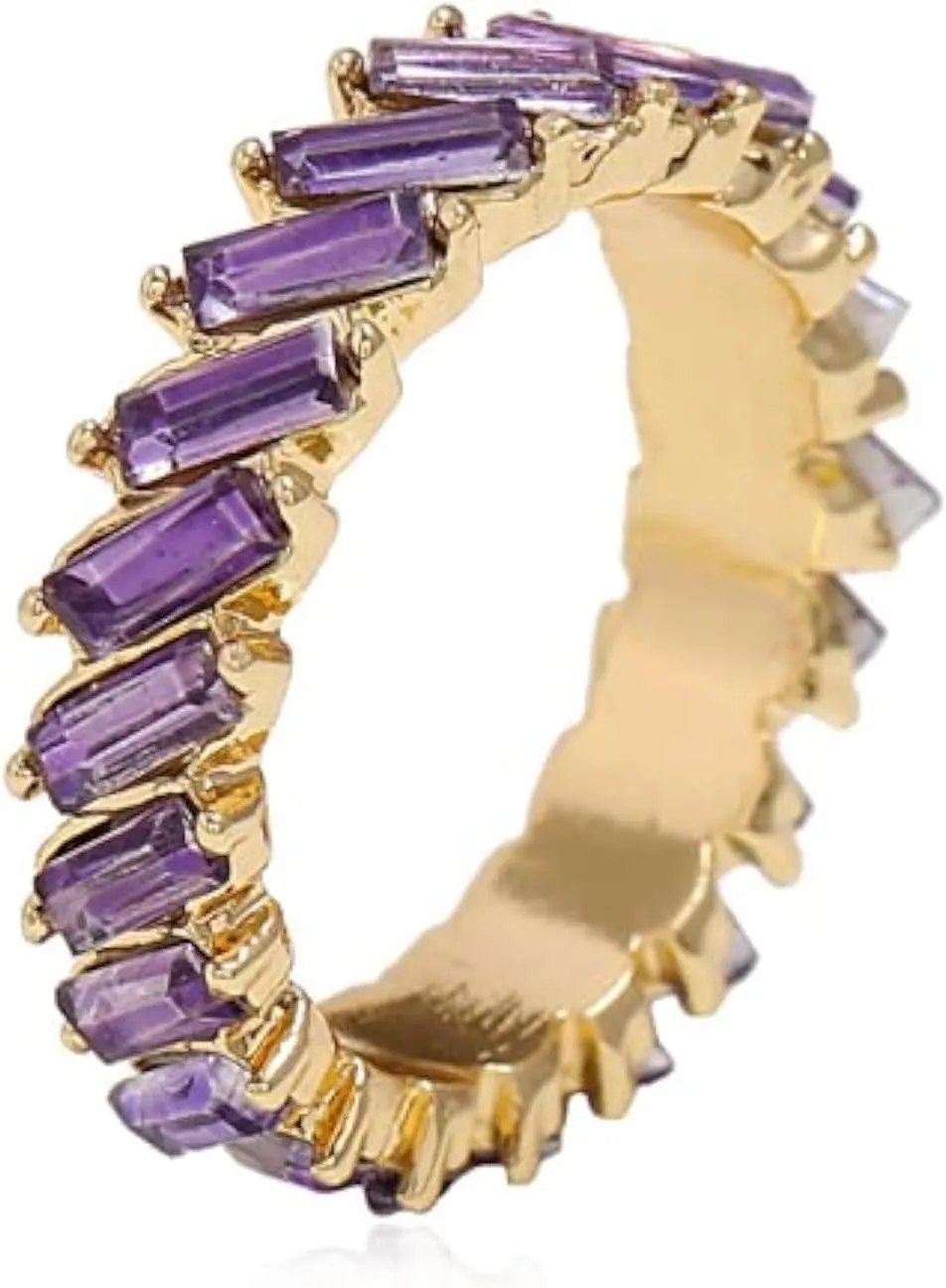 HSQYJ Rainbow Baguette Band Ring Eternity Band Cubic Zirconia Ring Gold Plated Fashion Luxury Jewelry Crystal Cocktail Rings for Women Gift